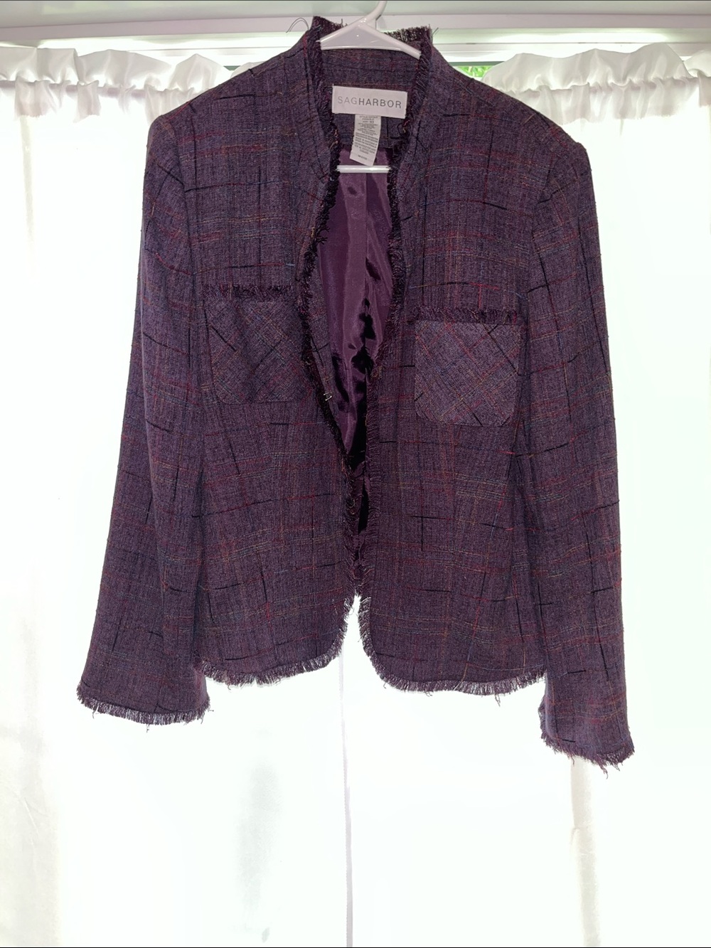 Sag Harbor Purple Tweed Open-Front Blazer with Fringe Trim